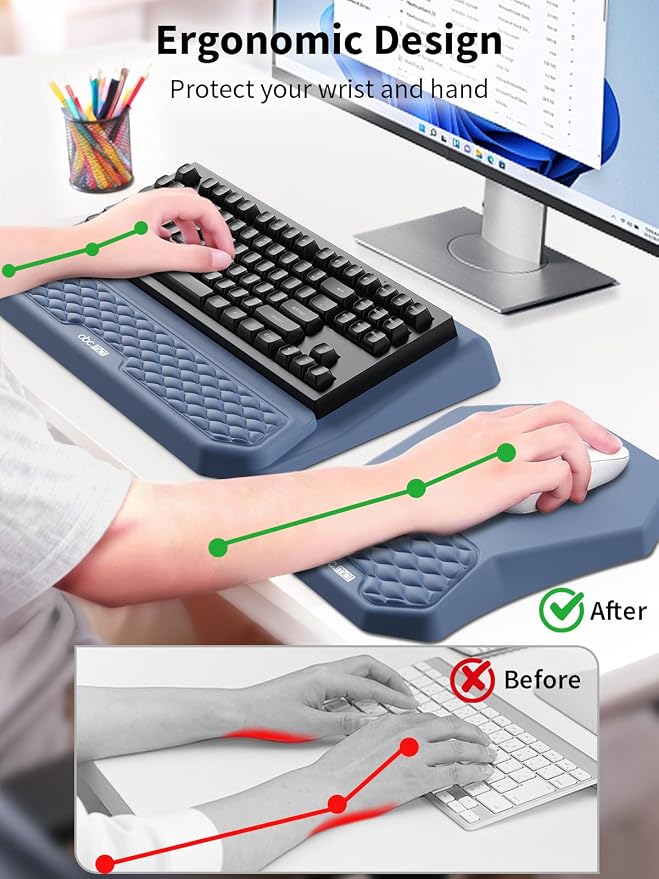 3-in-1 Ergonomic Keyboard Stand with Wrist Rest & Mouse Pad Set, Comfy Keyboard Riser Holder Soft Mousepad with Massage Design, Memory Foam and Non-Slip PU Base for Pain Relief, Blue