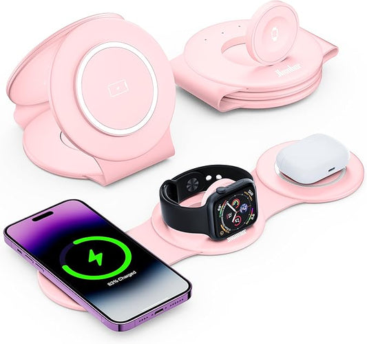 Hicober 3 in 1 Wireless Charging Station for Apple Watch and iPhone Air 17 16 15 14 13 12 Pro Max/Plus, Magnetic Foldable Wireless Travel Charger Station Stand for Airpods iWatch All Series Pink
