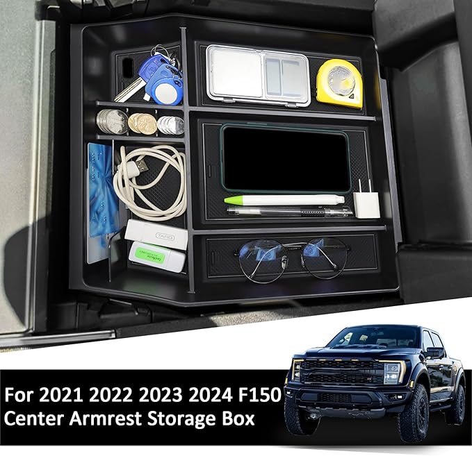 Center Console Organizer Tray for Ford F150 2021 2022 2023 2024 Accessories Interior Secondary Storage Armrest Box Insert Hidden Cubby Drawer (Full Console w/Bucket Seats ONLY) (Black Trim)
