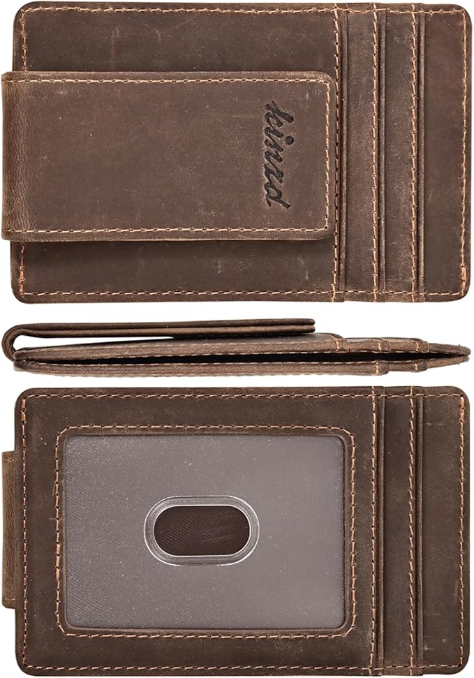 kinzd Slim Money Clip Wallet for Men Genuine Leather Front Pocket RFID Blocking Wallet, Minimalist Card Holder with 4 Strong Magnets Hold 30 Bills | RFID Blocking, Strong Magnet, thin