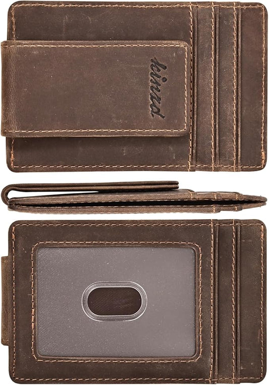 kinzd Slim Money Clip Wallet for Men Genuine Leather Front Pocket RFID Blocking Wallet, Minimalist Card Holder with 4 Strong Magnets Hold 30 Bills | RFID Blocking, Strong Magnet, thin