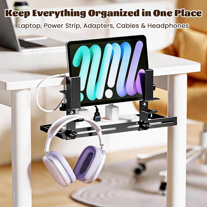 Desk Side Storage Organizer, Under Desk Laptop Mount, Clamp-On Vertical Laptop Holder, No Drill Metal Shelf with Headphone Hook & Power Strip Holder, Black