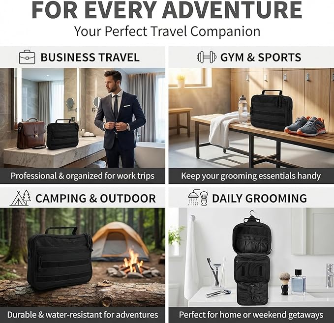 VELVEBAG ﻿Tactical Toiletry Bag for Men, Mens Toiletry Travel Bag, Hanging Dopp Kit Waterproof TravelShaving Hygiene Bag, Bathroom Multi-pocket Organizer, for Short Trips, Camping & Gym, Black