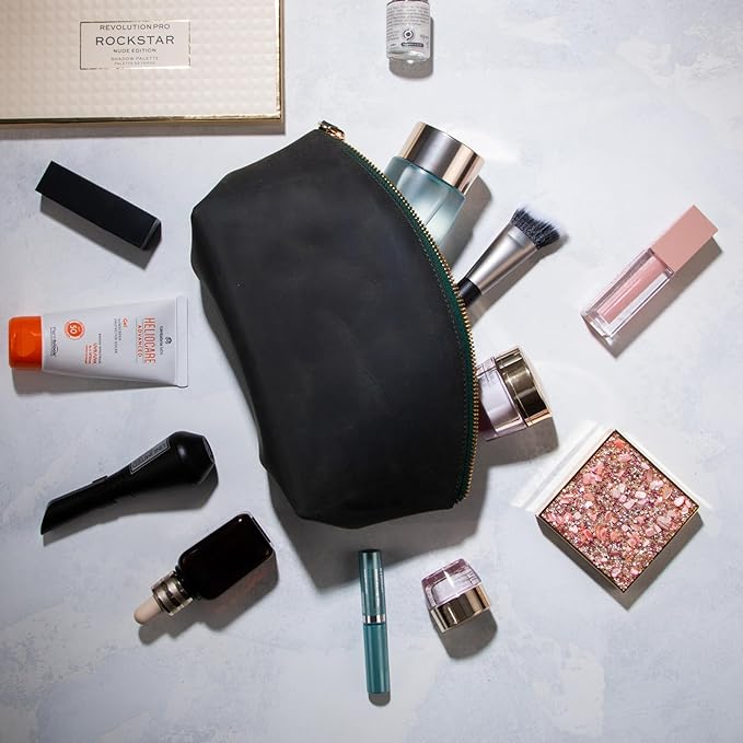 Blade Premium Personalized Genuine Leather Cosmetic Makeup Bag - Wedding Gift for Bridesmaid, Travel Organizer Clutch for Women with Zipper Pouch for Toiletry Essentials (Green)