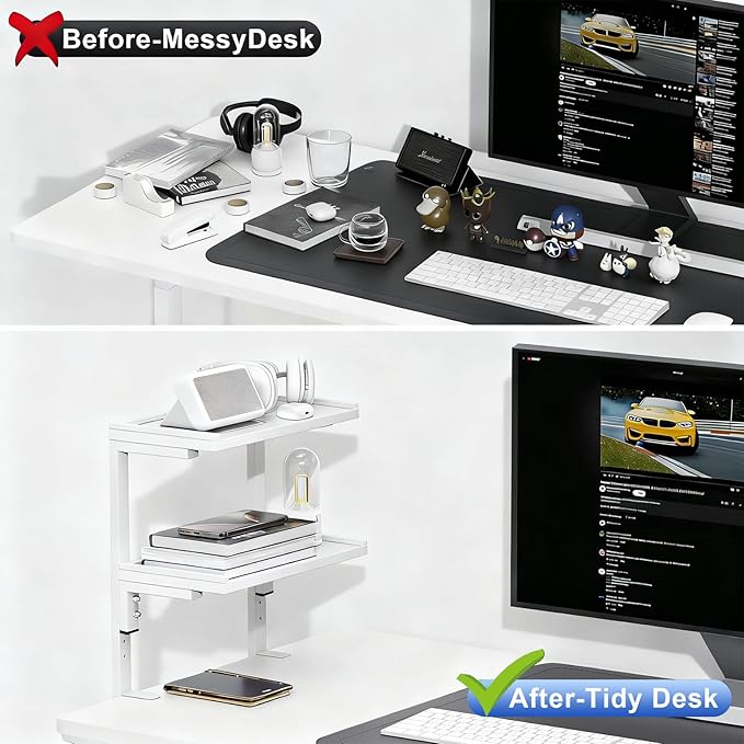 Spacrea clamp on Desk Shelf, 2 Tier Office Desk Shelves Organizer, Wood Desktop Supplies Storage Rack, Desk Organizers and Accessories (White)