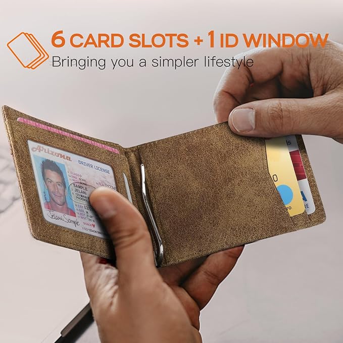 RUNBOX Slim Wallet for Men Genuine Leather RFID Blocking Bifold Minimalist Front Pocket Mens Wallet with Money Clip Thin Gift Box