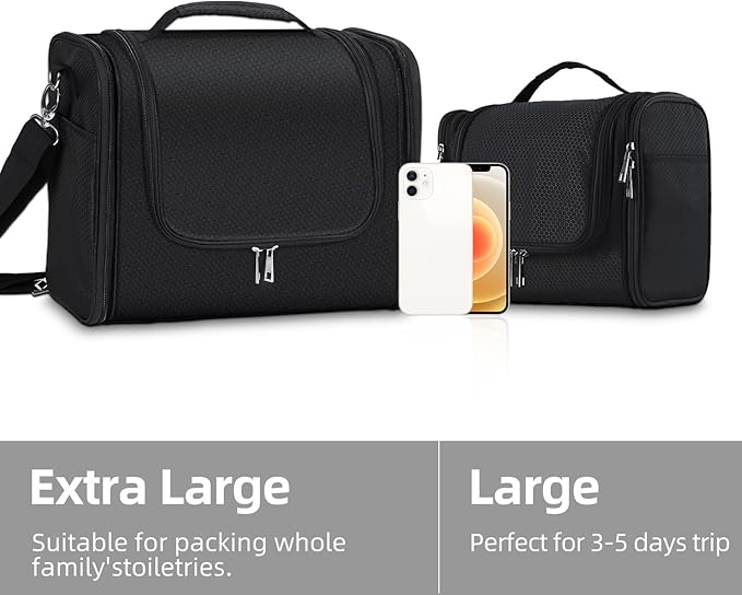 Buruis Extra Large Toiletry Bag for Women and Men, Hanging Travel Bag with Detachable Shoulder Strap for Full-Sized Toiletries, Water-Resistant Dopp Kit for Family Use and Long Trips, Black