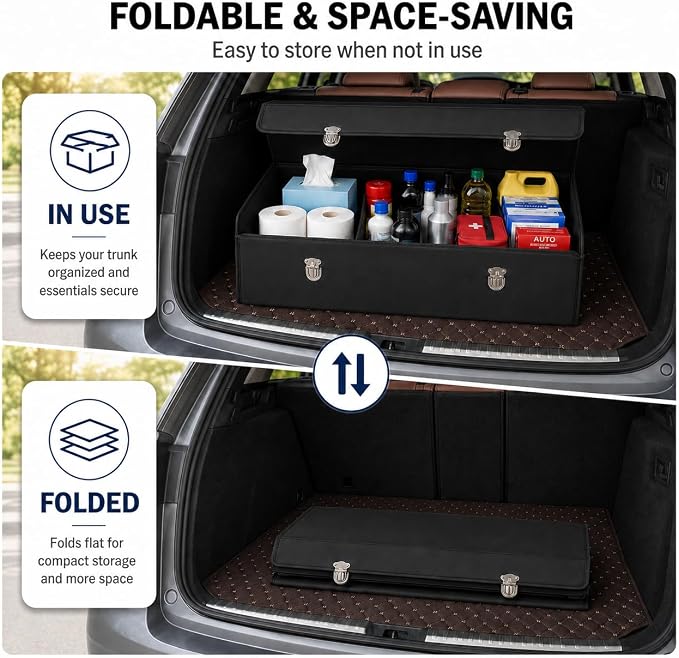 Car Trunk Organizer with Lid,Foldable Faux Leather Cargo Storage Box,3 Compartments,Collapsible Multi-Functional for SUV,Sedan,Vehicle Trunk, Black