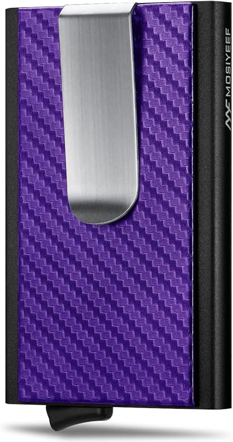 MOSIYEEF Slim Leather Card Holder RFID Wallet for Men - Minimalist Pop Up Men Wallet with Money Clip-wrapped Compact Carbon Fiber Wallet for 6 Credit Cards - Gifts for Him, Lilac Purple