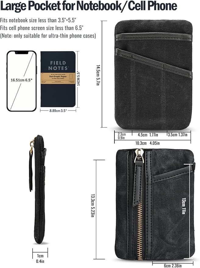 Sayram SP6 EDC Pouch, Waxed Canvas Compact Pocket Organizer, EDC Pocket Pouch for Men, Zippered Pocket Pouch, Mini EDC Organizer for Everyday Carry, Multitool Organizer Pouch (Oil Wax Black)