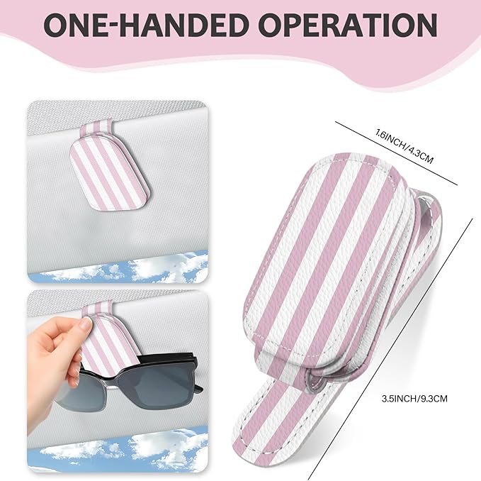 2 Pack Magnetic Leather Sunglass Holder, Universal Magnetic Car Eyeglass Hanger Clip for Different Size Eyeglasses, Car Visor Accessories (Pink Stripes)