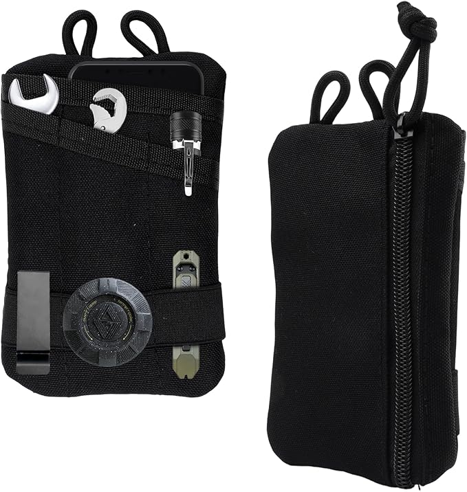 Small EDC Pocket Organizer, 5-Pocket EDC Pouch for Men, Compact EDC Tool Pouch for Knife Flashlight Pen Multitool, Black EDC Belt Pouch for Daily Carry