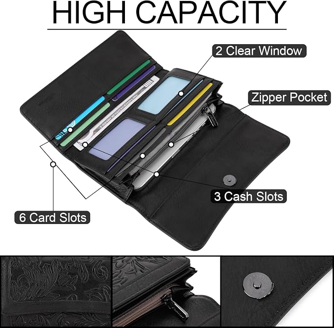 MEITRUE Women's Wallet Leather RFID Blocking Trifold Ladies Purse Embossed long Clutch Card Holder Phone Checkbook Organizer