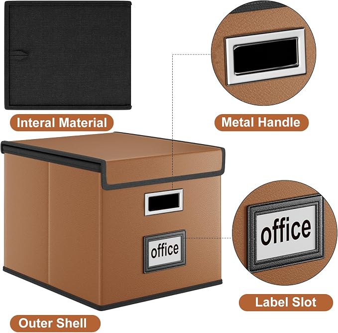 File Organizer Boxes with Lids, Collapsible Faux Leather Hanging File Folder Box Organizer with Plastic Slide, Decorative Home/Office Filing System Boxes for File and Folders Storage