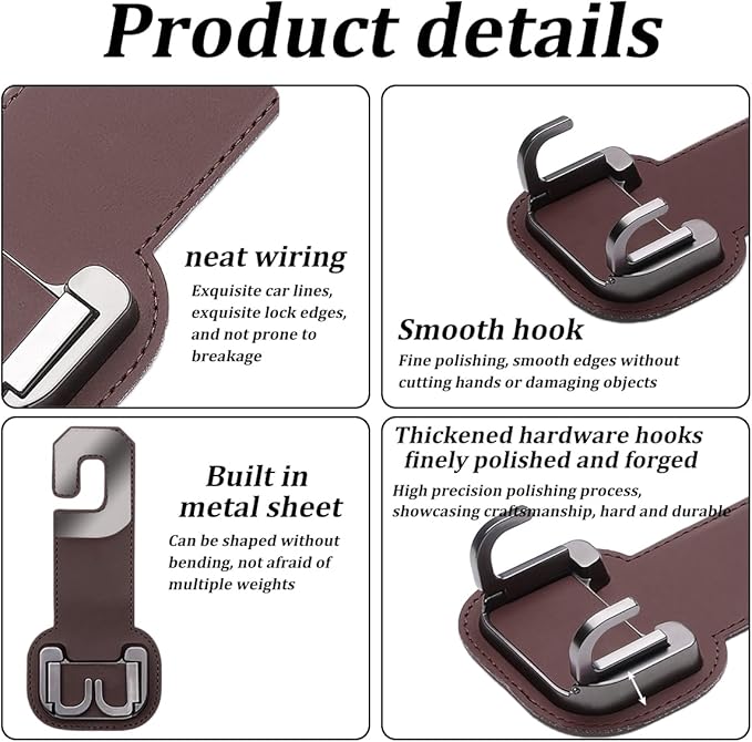 2PCS Car Seat Back Storage Hook, Foldable Metal Vehicle Headrest Dual Hook for Purses Handbags Groceries, Multifunctional Auto Interior Hanger Accessories, Universal Fit (Brown)