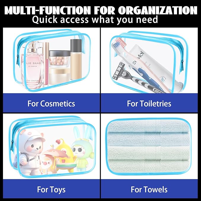 YedsIntu 16 Pieces Clear Cosmetic Bags, PVC Clear Pouch with Zipper TSA Approved Toiletry Bag for Travelling, Waterproof Transparent Travel Makeup Cosmetic Organizer Case for Men and Women (Blue-M)