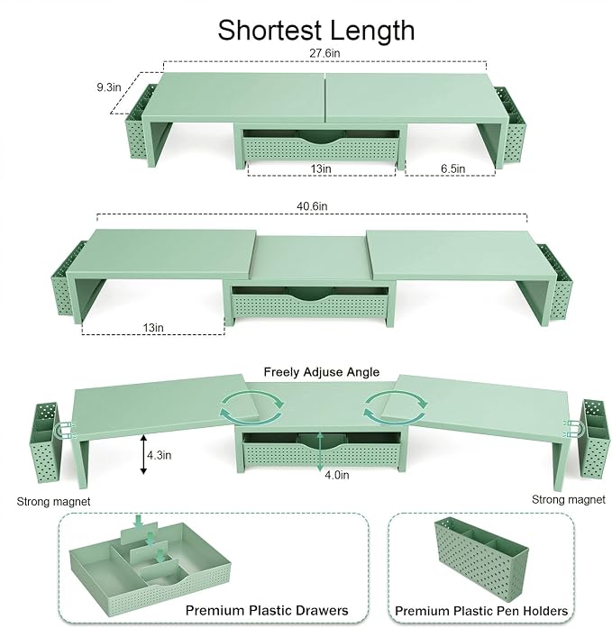 gianotter Dual Monitor Stand Riser, Desk Organizer With Drawer and 2 Pen Holders, Computer Monitor Stand, Desk Shelf for Top of Desk (Sage Green)