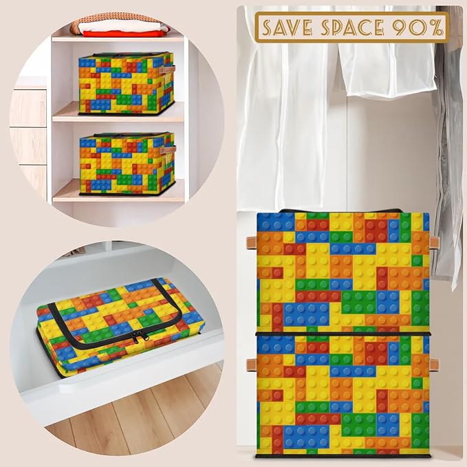 Storage Bins With Zipper Lid, Collapsible Trunk Organizer, Car Organizers and Storage Bins with Lids, Decorative Storage Boxes with Handle, Home Storage Baskets (Colorful Building Blocks)