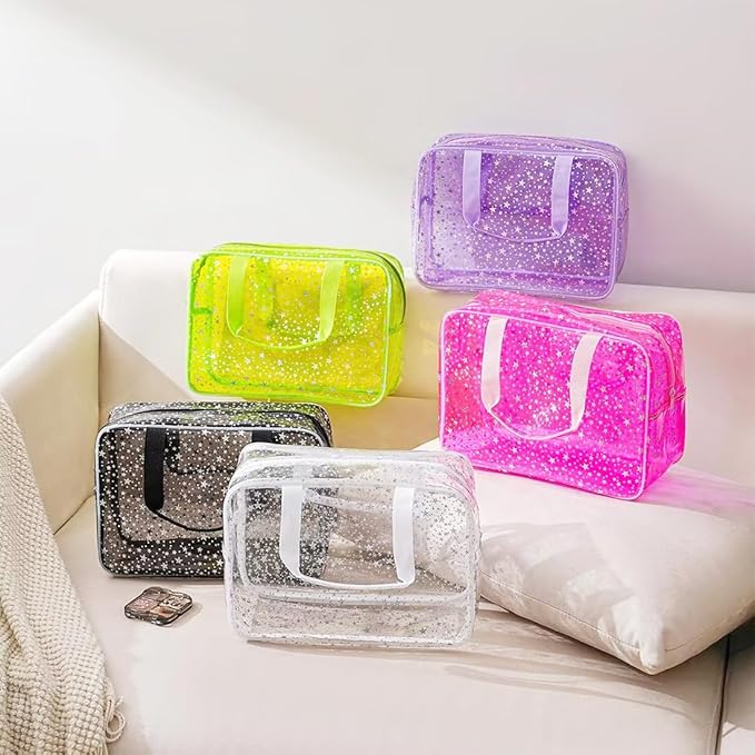 SxoSyo Clear Makeup Bags Large Toiletry Bag for Women Transparent Cosmetic Bag with Handle Travel Essential Bathroom Organizer (Pink Star)