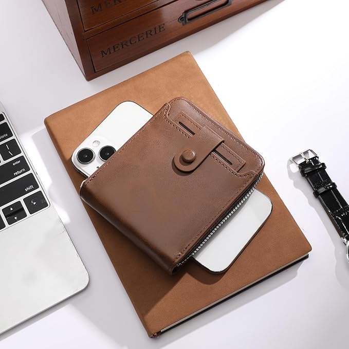Zipper Wallet for Men Leather Bifold Pocket Wallets RFID Blocking Zip Coin Credit Card Wallets -Big Capacity For Travel