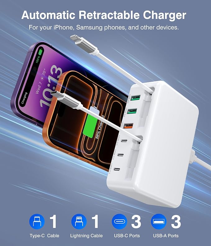 2026 Latest USB C Charger Block, 8 in 1 GaN Retractable Charger Station Hub with Lightening & Type C Cable, 120W Travel Essential Multi USB C Power Strip Plug for iPhone 17 16 15 Pro Max iPad Galaxy