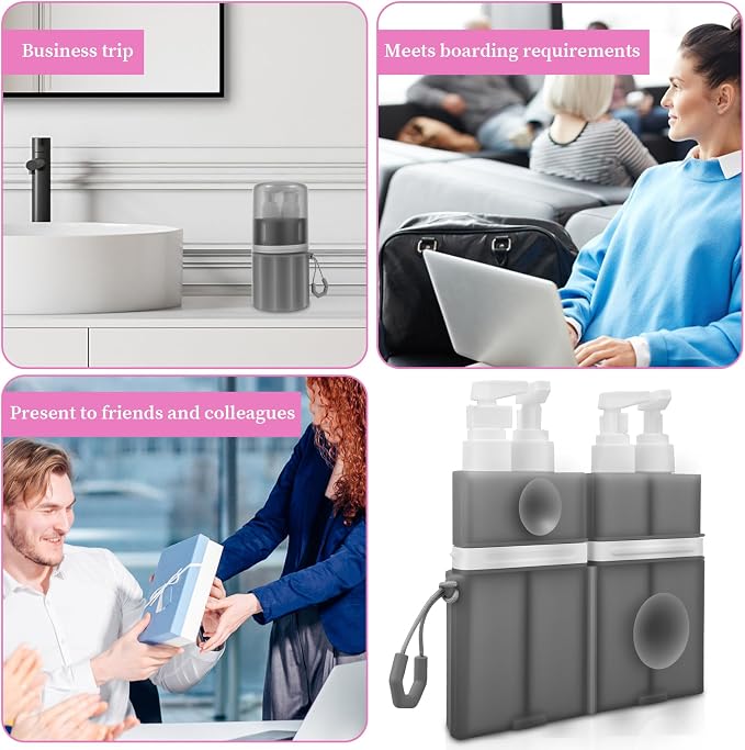 4 in 1 Travel Toiletry Containers, Leak Proof TSA Approved Travel Size Bottles Set with Suction Cup Wall Mount, Refillable Dispenser for Shampoo, Lotion, Soap, Gym & Essentials (Grey)