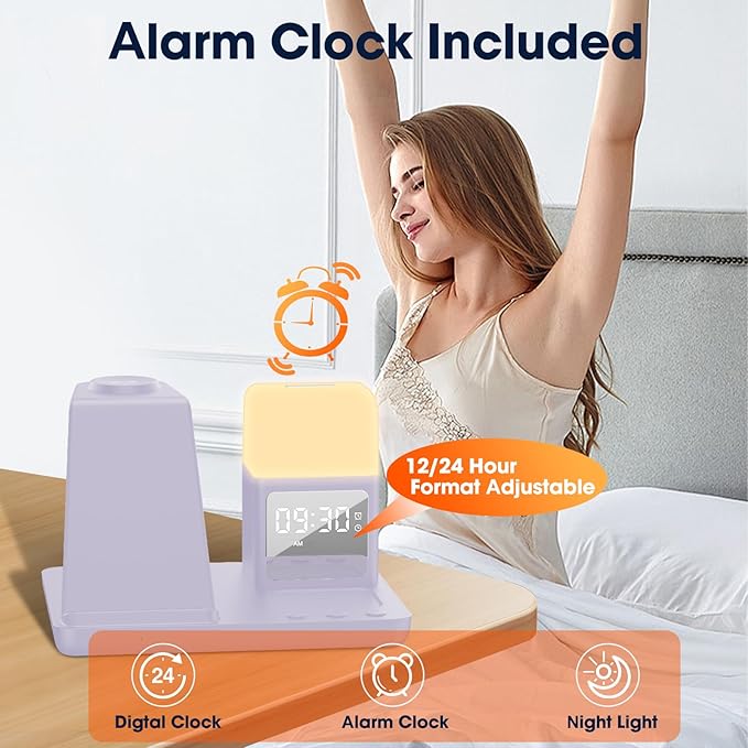 Wireless Charger for Samsung/Android, 6 in 1 Phone Nightstand Charging Station Charger with Alarm Clock/Night Light for Samsung S25/S24/S23 Ultra/Buds3,Watch Charger for Galaxy Watch 8/7/6/5-Purple