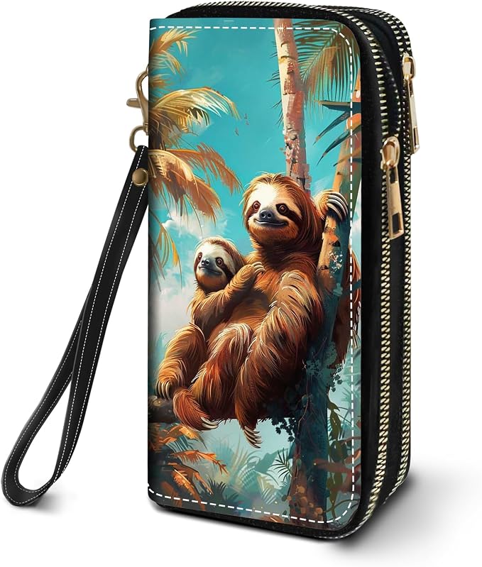 Women's Large Capacity Wallet PU Leather Double Zipper Clutch Purse Multifunctional Wallet with Removable Wristlet Strap for Smart Phone/Coin/Card/Cash, Sloth
