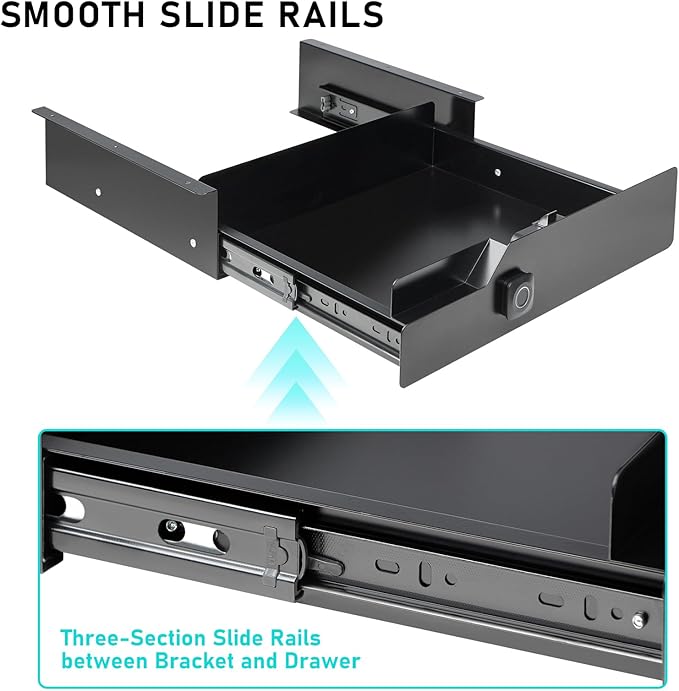 Under Desk Drawer with Biometric Fingerprint Lock, Metal Undermount Table Drawer, Slides out Tray Organizer for Paper, Pencil, and Laptop 16"x11.8"x3.6", Black