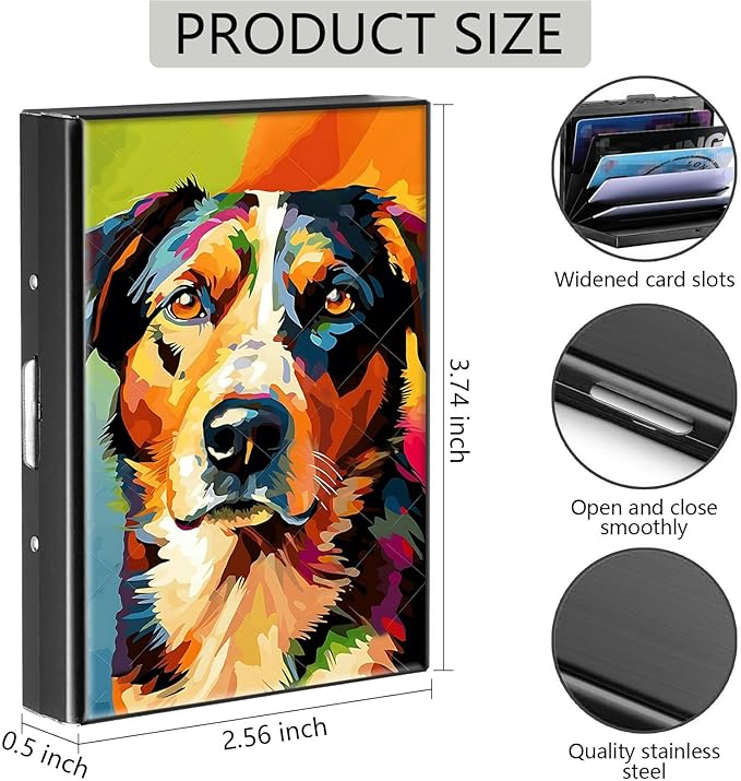 Credit Card Holder, Art Colorful Painting Dog Design Mini RFID Blocking Aluminum Wallet Slim Metal Hard Case Shell Travel Wallet ID Case Small Credit Cards Case Business Cards for Women Men