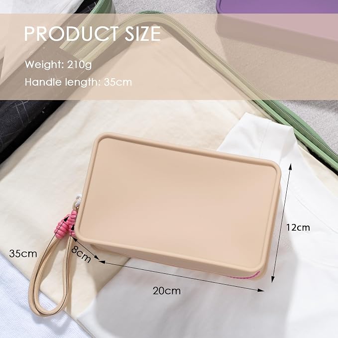 Travistar Silicone Travel Makeup Bag - Large Capacity Make Up Pouch Travel Makeup Organizer Bag Waterproof Toiletry Bag Portable Cosmetic Bag Small Womens Brush Holder Bag with Zipper Closure Khaki