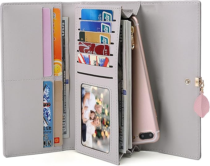 UTO RFID Wallet for Women PU Leather Leaf Pendant Card Holder Phone Checkbook Organizer Zipper Coin Purse | Leaf Pendant, Card Holder, Phone, Checkbook, Organizer, Zipper