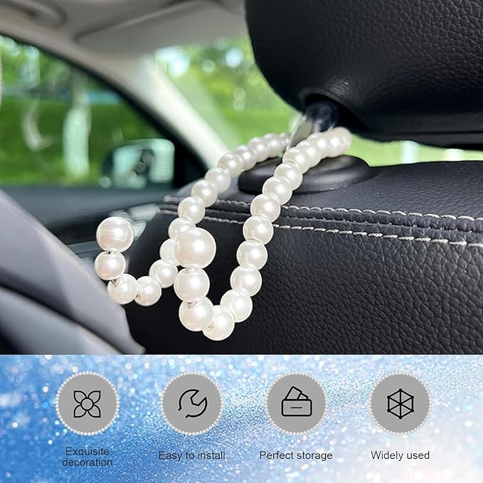 WZP 2PCS Pearl Car Seat Headrest Hook, Cute Car Purse Holder, Car Seat Hook Hanger Storage Organizer for Key Bag Umbrellas Coat, Universal Auto Interior Decor Accessories for Women Girls