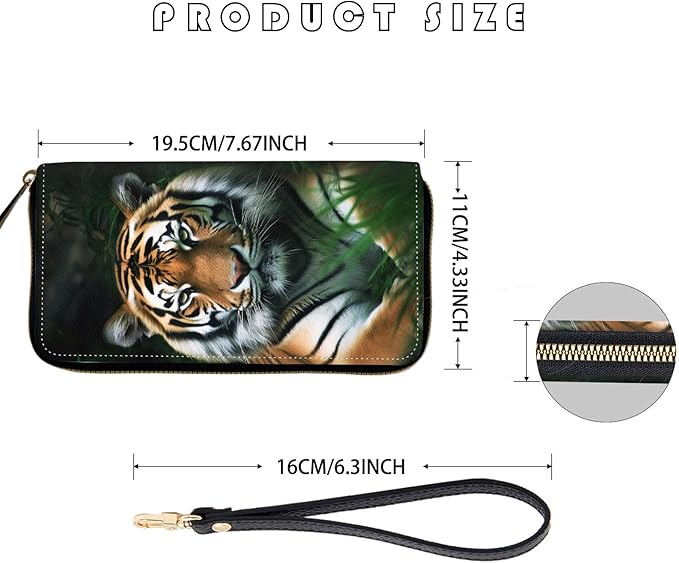 Women's RFID Blocking Zip Around Wallet with Detachable Wrist Strap, Large Capacity Credit Card Holder Organizer for Everyday Use,Bengal Tigers on The Grass
