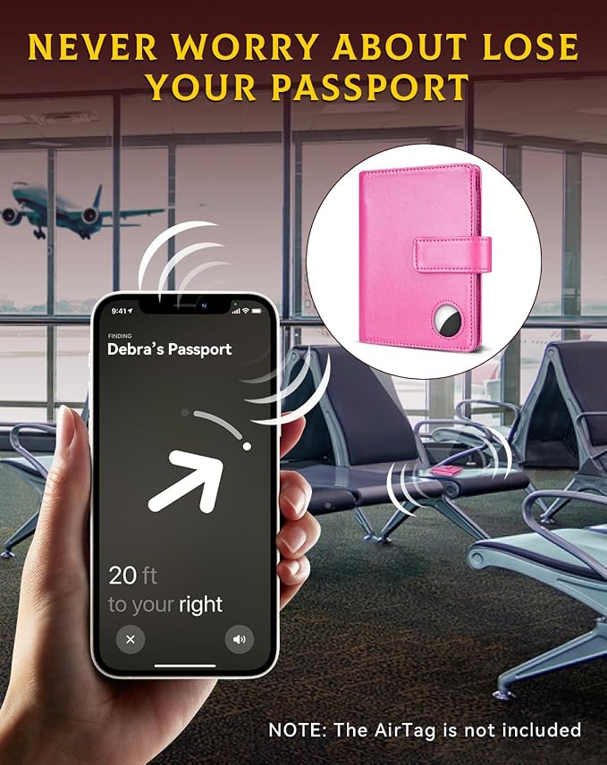 Passport Holder Wallet Cover Case for Women and Men,RFID Blocking,Passport Case with AirTag Slot,Travel Accessories (Pink)