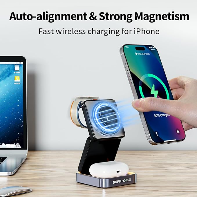 【2026 Upgraded】 Magnetic Wireless Charger 3 in 1, Foldable Charging Station with Night Light for Apple MagSafe Charger, Travel Charger Stand, Nightstand Fast 15W Charging Station (with Adapter)