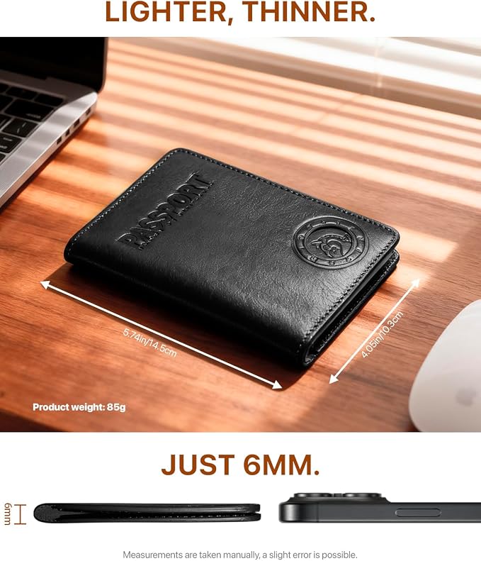 Passport Holder for Travel, Genuine Leather Passport Holder with AirTag Slot, RFID Passport Cover for Airport Essentials, Travel Wallet, Travel Must Haves Gifts