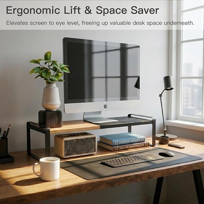 Expandable Desk Shelf Organizer, Sturdy Bamboo Desktop Riser for Monitor, Laptop & Office Storage, Modern Workspace Stand Accessories (Black)