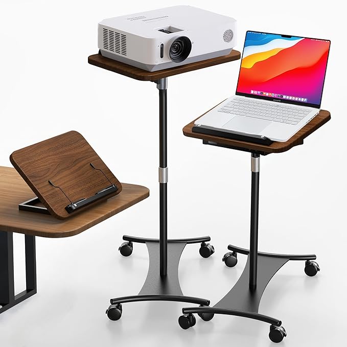 Rolling Laptop Floor Stand, Dual-Purpose for Desk & Floor, Adjustable Height from 16.5" to 51", with 4 Lockable Casters & Book Page Clips, Portable Laptop Stand (Walnut Finishing)