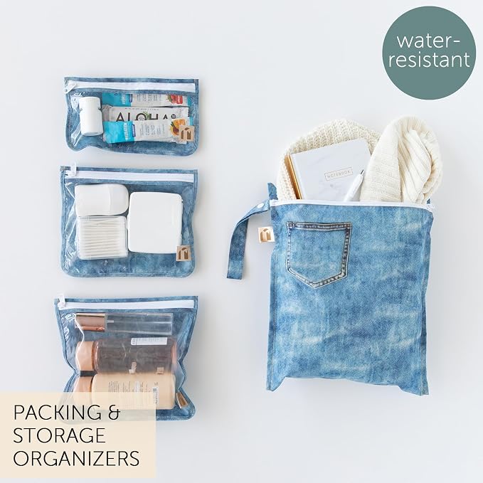 Bumkins Roamio Wet Bag and 3-Pack Clear-Sided Travel Pouches, Waterproof Fabric Organizer for Toiletries, Gym Clothes, Swim Gear, Shoes, Accessories, TSA Compliant Packing Set, Faux Denim 4-pc Set