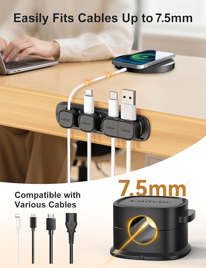 6 Pack Magnetic Cable Clips [1s Open/Lock], Laitver Cord Organizer Holder Strong Adhesive Desk Cable Management- Organize Charging Cords Neatly for Home, Office, Car,Desk, Nightstand-Black