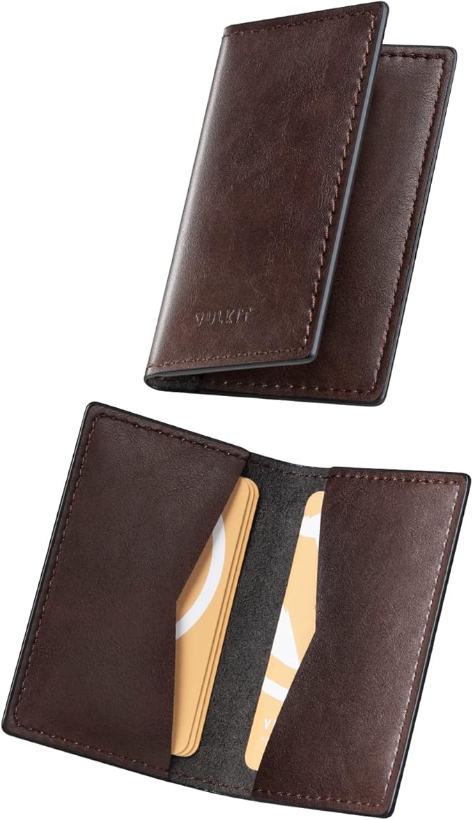 VULKIT Leather Business Card Holder 2 Sided Slim Business Name Card Organizer for Men or Women, Up to hold 20 cards (Vintage Espresso)