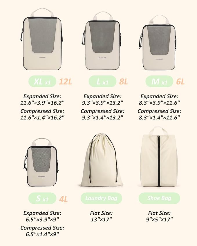 BAGSMART Compression Packing Cubes for Travel, 6/5/4set Lightweight Packing Organizers, Summer Travel Essentials Suitcase Organizer Bags Set