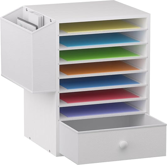Unionly Wooden 12X12 Scrapbook Paper Organizer,7 Tier Adjustable Desktop File sorter with drawer,Craft&Stamp Cardstock Storage with Side Pocket&Name Slots for classroom,home offce，White