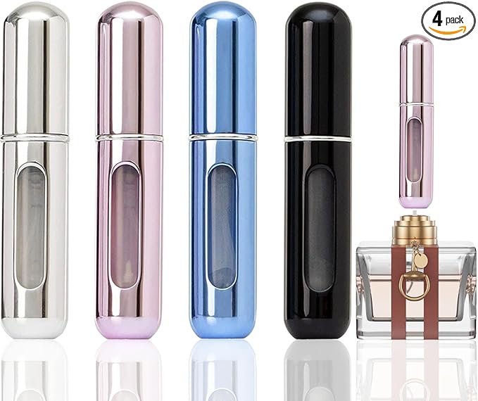 opasyo 4 Pcs Mini Perfume Atomizer Refillable Bottle, 5ml Portable Bottom Fill Scent Dispenser, Leak-Proof Cologne Travel Spray Pump for Purse & Luggage (Silver/Pink/Blue/Black)