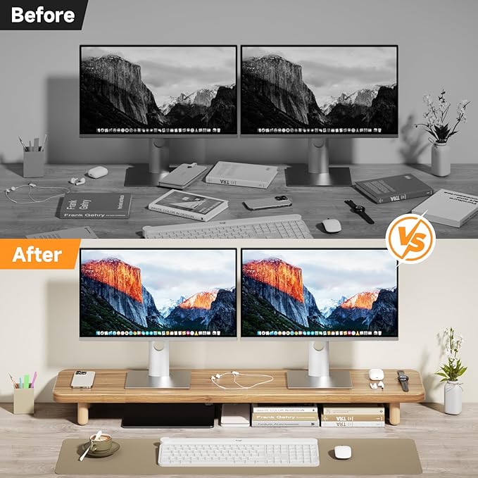 Dual Monitor Stand Riser, 39 Inch Extra Long Wooden Desktop Monitor Riser with Storage for 2 Monitors Ultra Strong Desk Shelf Organizer Riser Ergonomic for 2 Screens/Laptop/PC/TV/Printer (Light Walnut, 39inches)