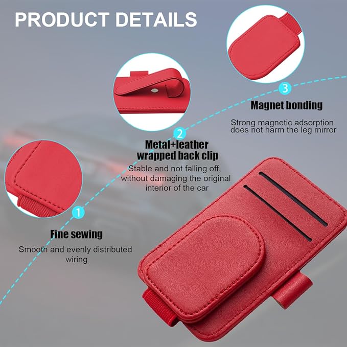 Car Sun Visor Organizer, Magnetic Leather Auto Sunglass Card Pen Pocket Holder for Registration & Drving License, Vehicle Interior Glasses Clip Accessories, Universal for SUV Sedan Truck (Red)