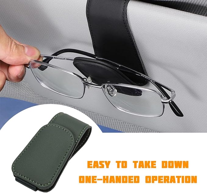 Sunglasses Holder for Car Visor, Microfiber Leather Magnetic Sun Visor Eyeglasses Hanger & Ticket Card Clip, Multi-Function Automotive Interior Glasses Mount, Universal Fit (Black Green)