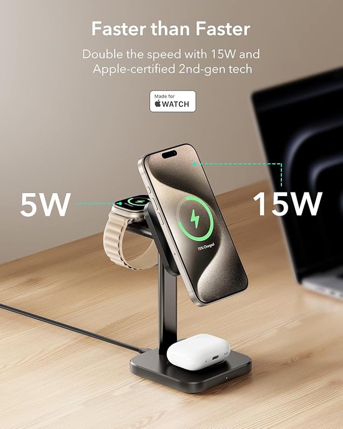 ESR Qi2 3 in 1 Wireless Charging Station, [Certified] Apple Watch Charger & 15W Qi2 MagSafe Charger Stand for iPhone, Wireless Charger for Multiple Devices iPhone 16/15/14/13&Watch&AirPods,Black