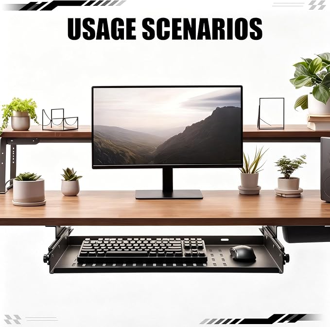 Sliding Under Desk Laptop Mount Shelf with Air Vents 21'' W x 12'' D Metal Under Desk Slide Out Tray Laptop Storage Tray for Home Office Standing Desks Workstations Cabinet Gaming
